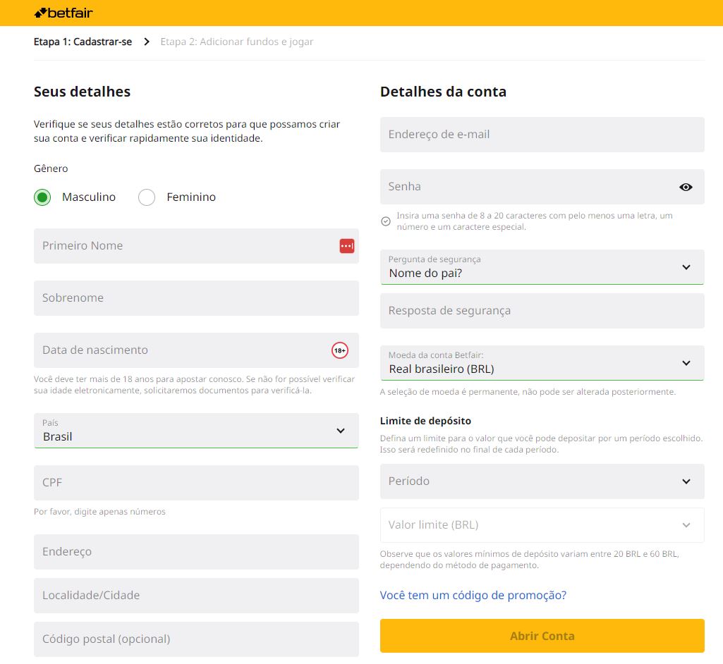 Betfair cadastro