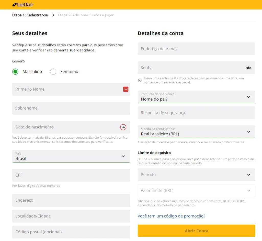 Betfair cadastro
